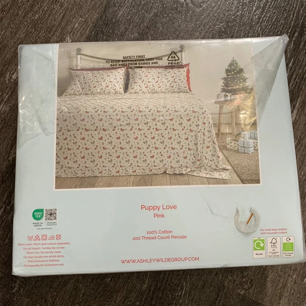 Cath Kidston London Queen Sheet Set Christmas Puppy Love Cotton Dog Roses NWT